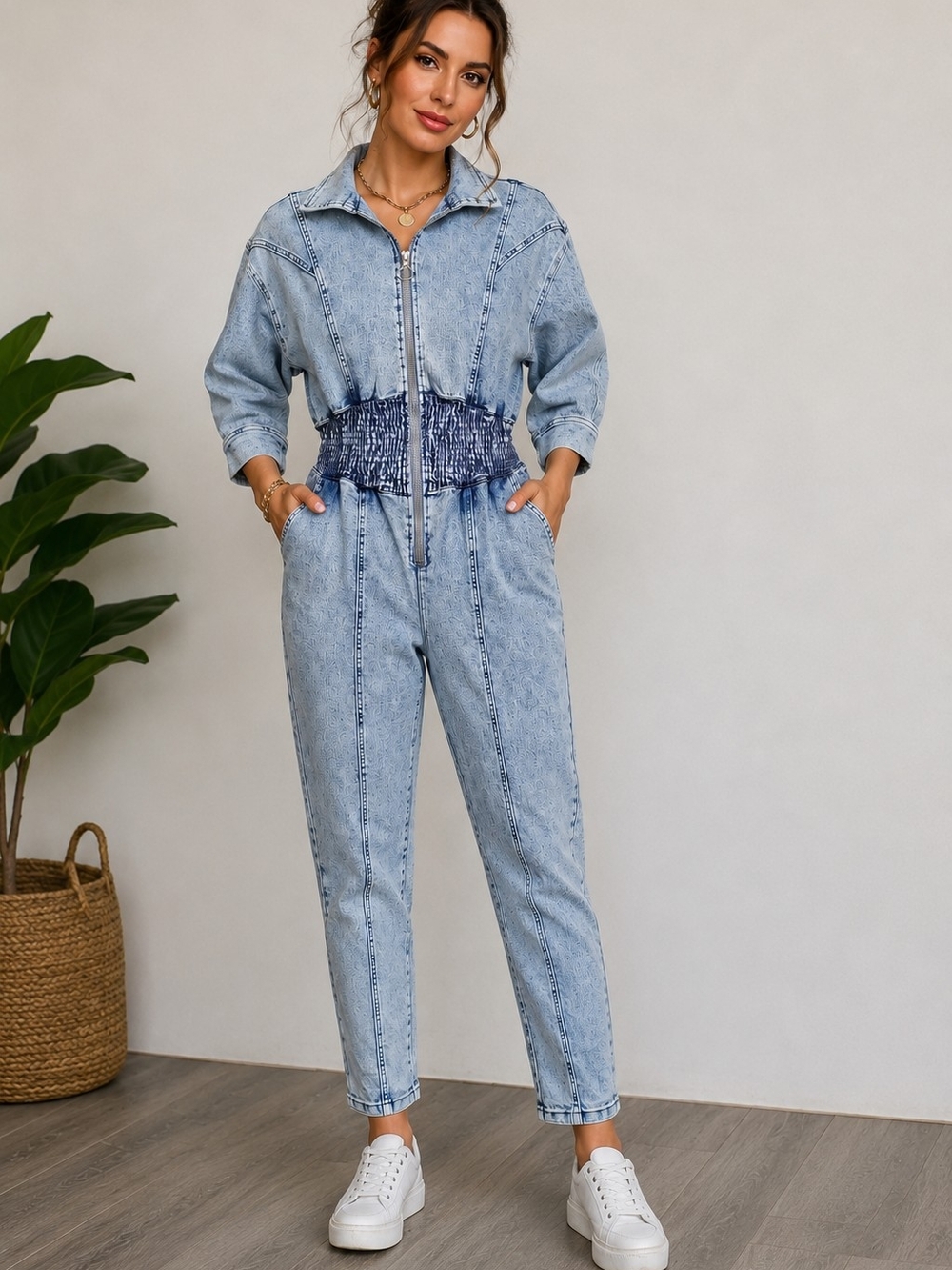 VENUS Denim Jumpsuit Smocked Waist Half Zip Size 6 Cotton Blend Stretch